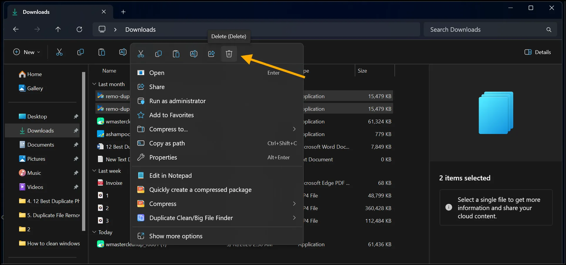 Delete duplicates and unnecessary files to free space and organize folder in Windows 11.